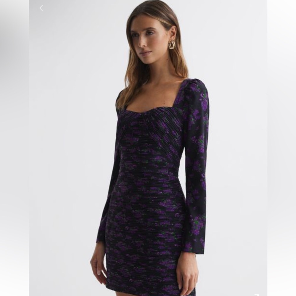 AMUR by Reiss Giulia Mini Dress - Size 4 Elegant Black and Purple Floral Dress - Picture 3 of 14